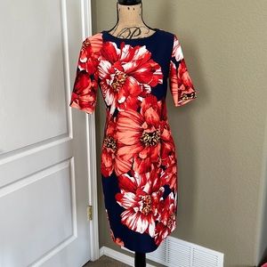 RMLL Navy Dress with Red Flower Accents Size 4